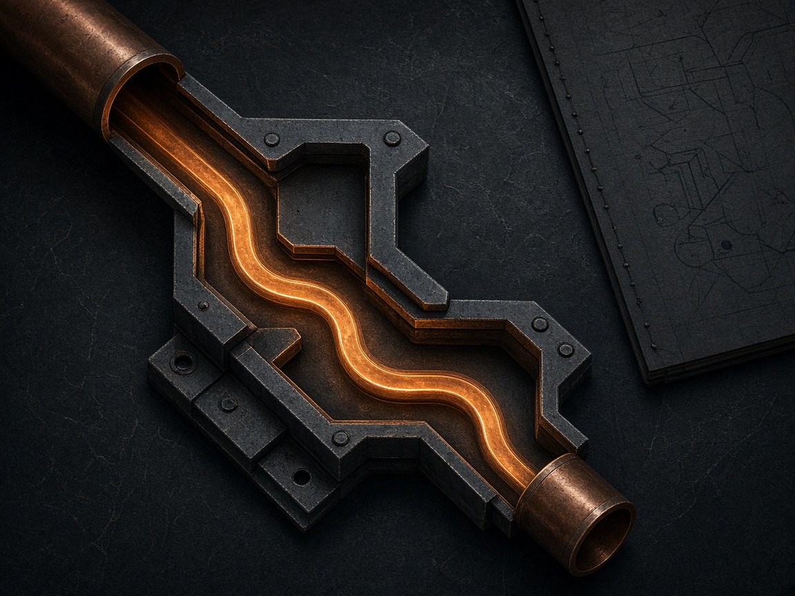 Drain-flow cutaway with copper glow on dark slate
