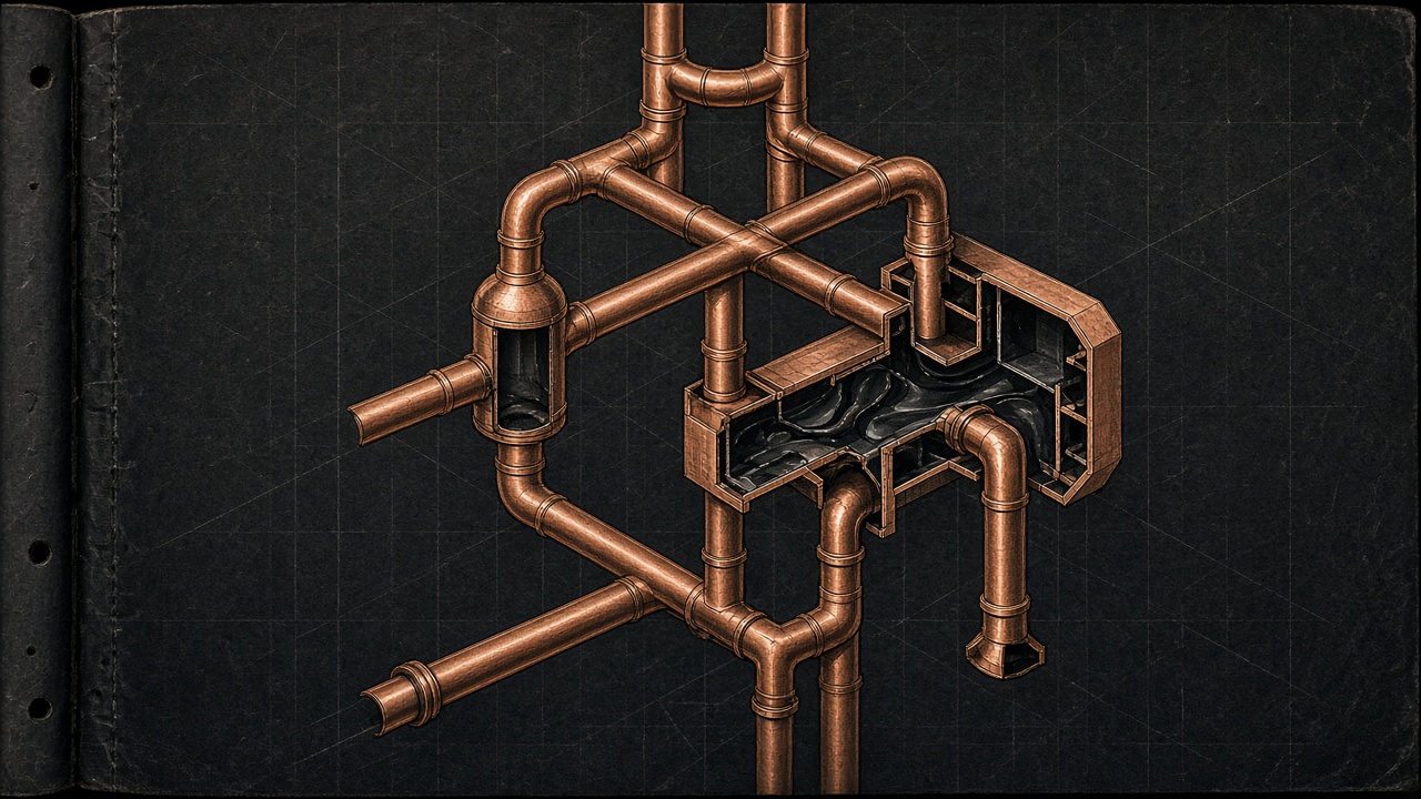 Copper pipe routing on a dark notebook field
